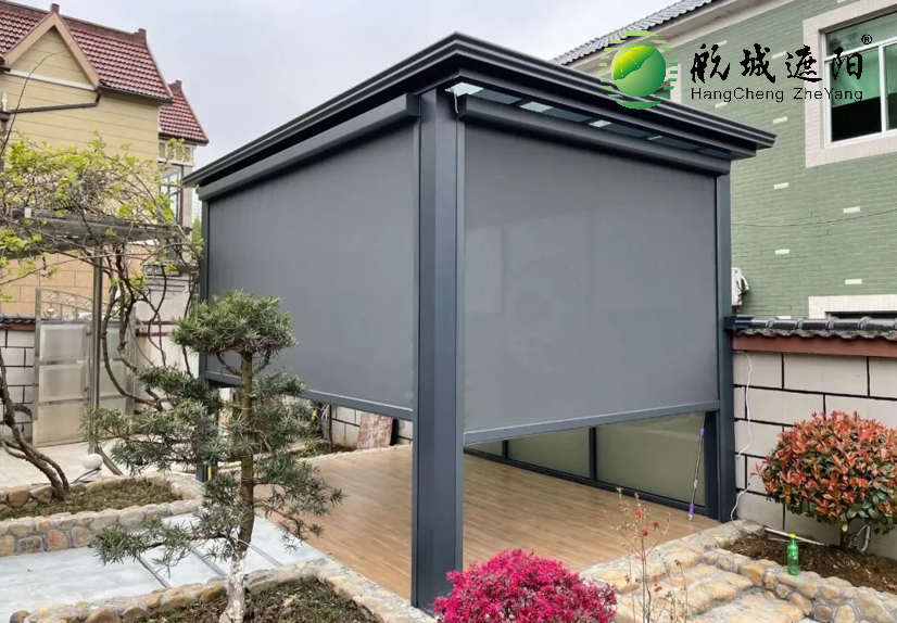 航城遮陽(yáng)防風(fēng)卷簾戶外涼亭案例圖